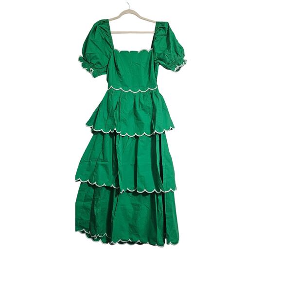 English Factory Kelly Green Scalloped Puff Sleeve Tiered Dress – Size L - Picture 1 of 4